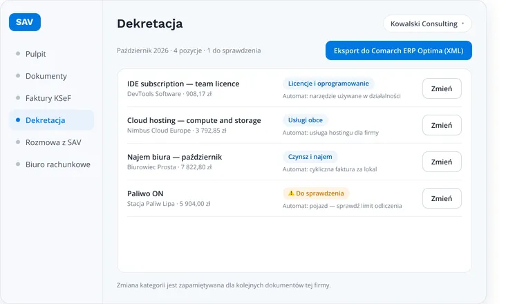 Dekretacja w SAV: kategorie księgowe z uzasadnieniem automatu