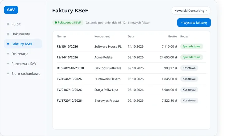 Lista faktur pobranych z KSeF w SAV