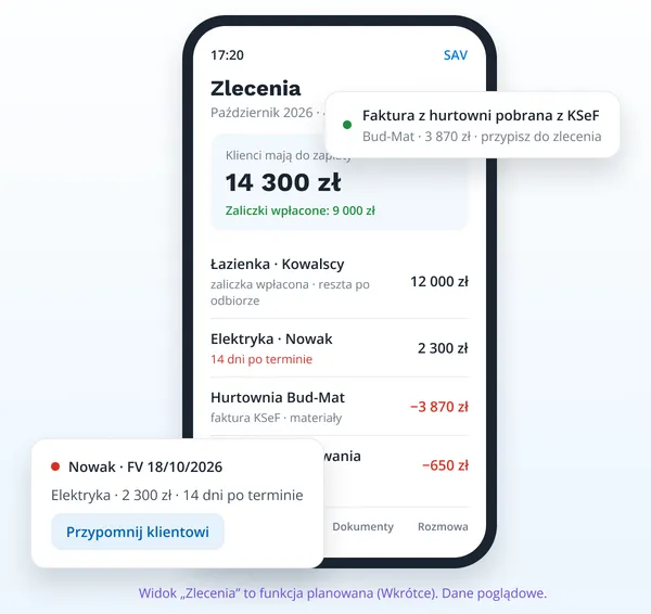 Ilustracja aplikacji SAV na telefonie z przykładowymi danymi (dane poglądowe)