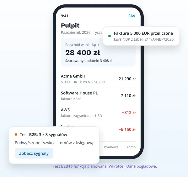 Ilustracja aplikacji SAV na telefonie z przykładowymi danymi (dane poglądowe)
