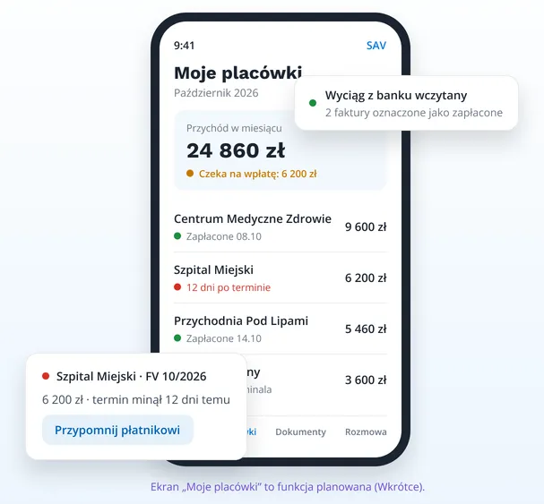 Ilustracja aplikacji SAV na telefonie z przykładowymi danymi (dane poglądowe)
